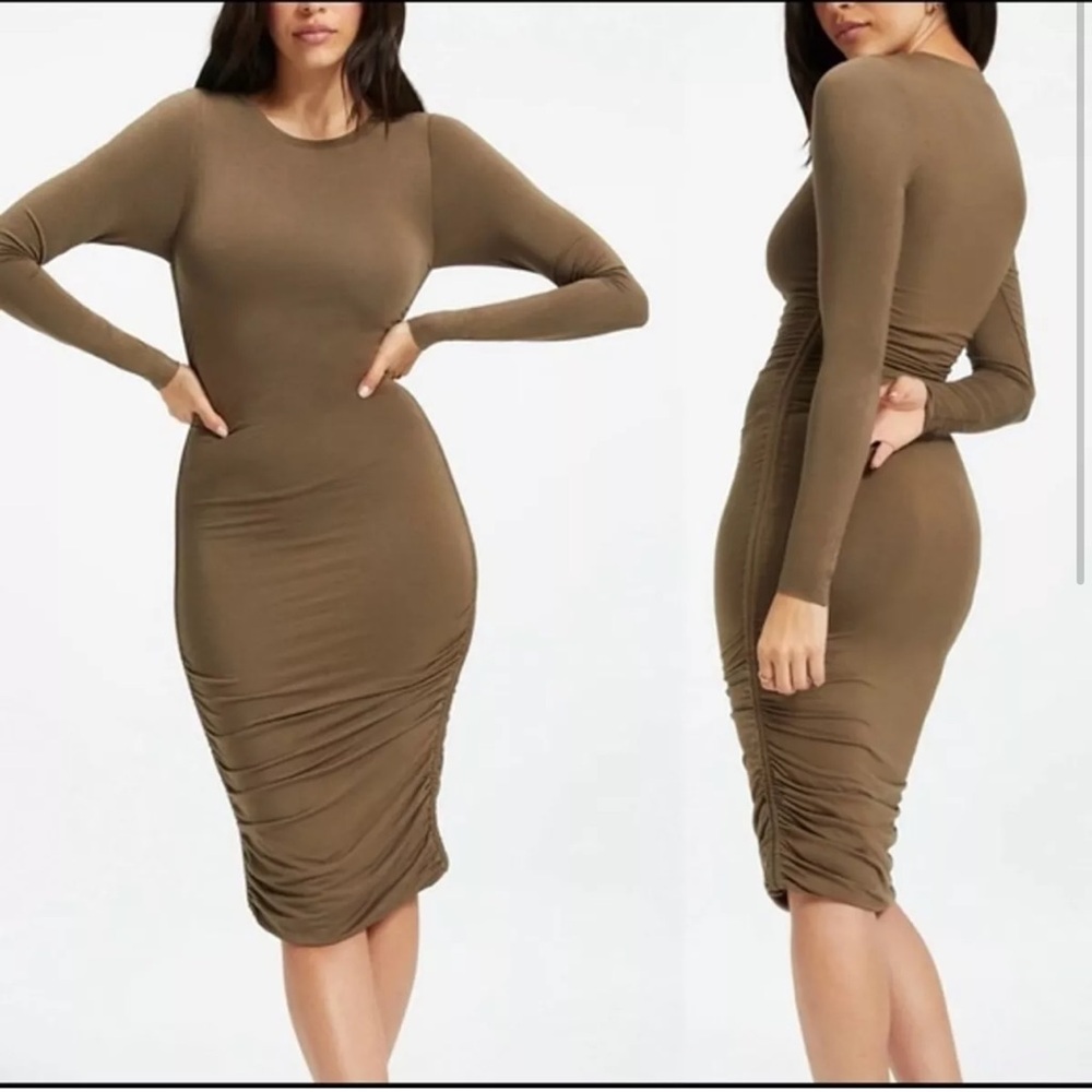 NWT Good American Ruched Olive Green Long Sleeve Dress